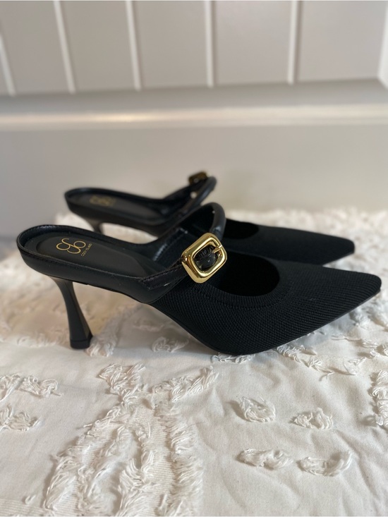 Cosey Island Shoes - New!  Black Pointed Slingback Heels with Gold Buckle Accent